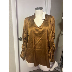 Large Women’s Rouched Long Sleeve Silky Soft Copper Vneck Blouse By Paparazzi